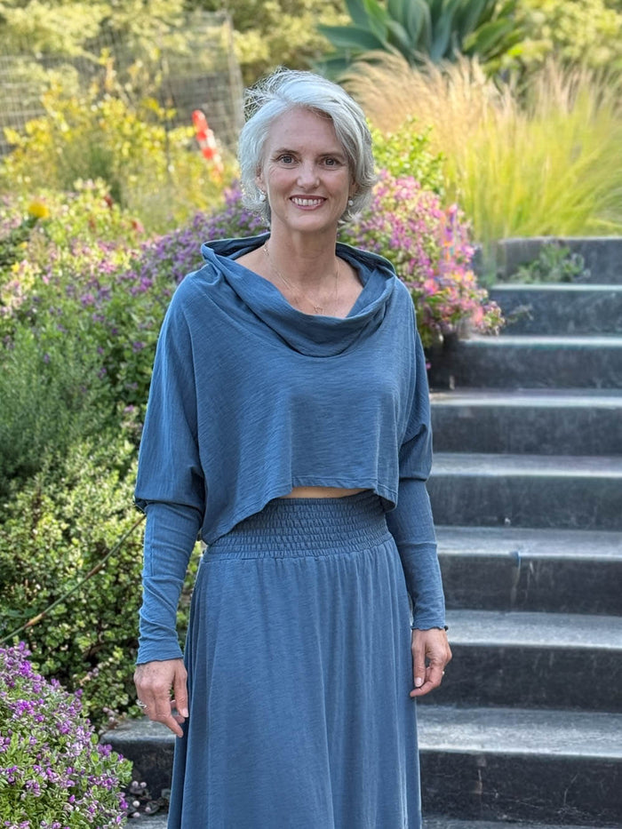 caraucci denim blue cotton long dolman sleeve cowl neck cropped top #color_pacific