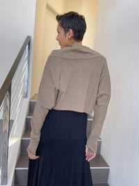 caraucci tan cotton long dolman sleeve cowl neck cropped top #color_sahara