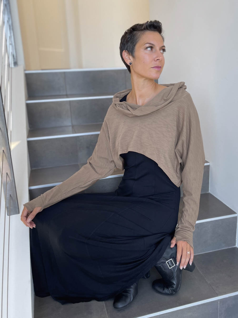 caraucci tan cotton long dolman sleeve cowl neck cropped top #color_sahara