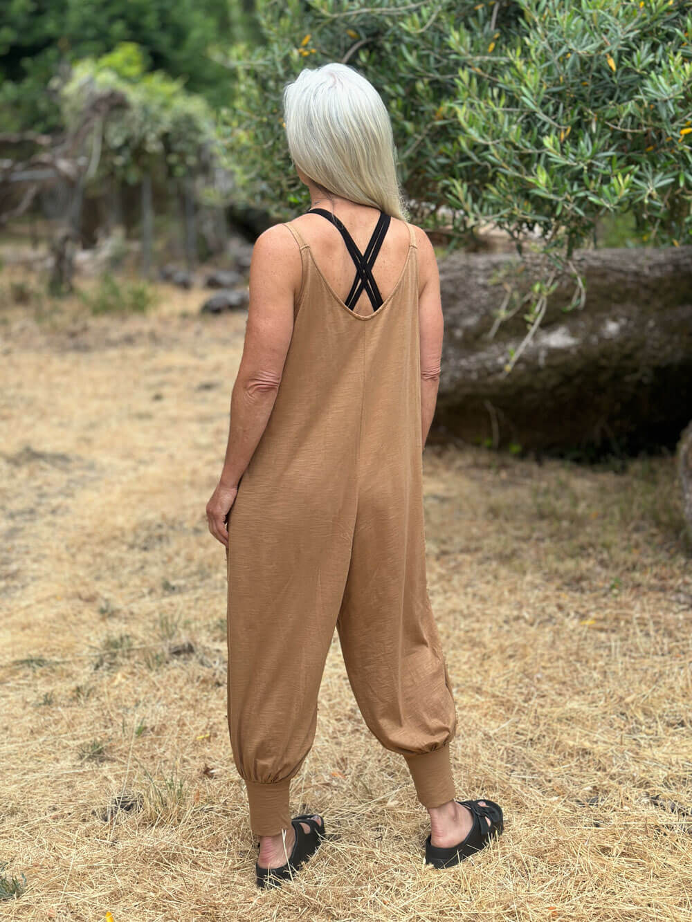 caraucci camel colored cotton one-piece jogger leg jumper #color_camel