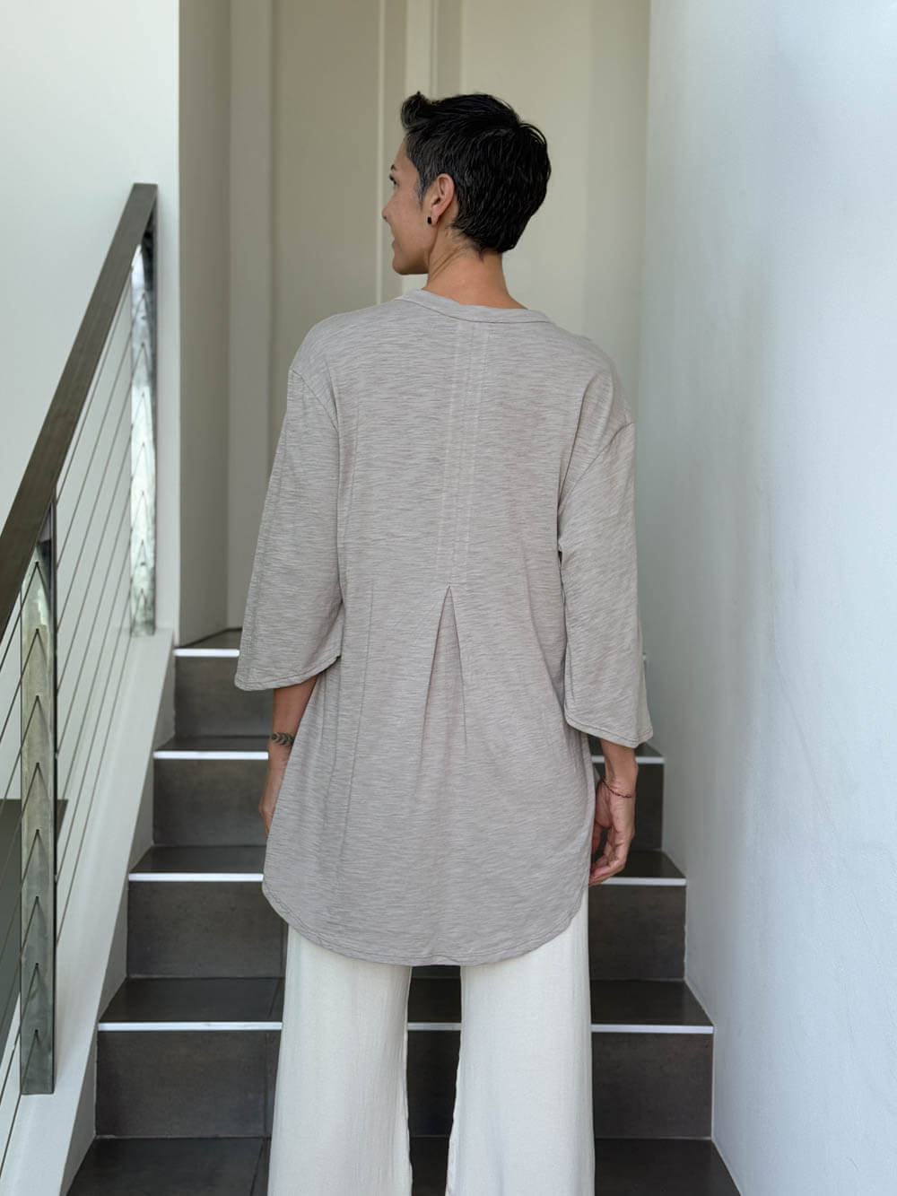 caraucci women's cotton light stone v-neck loose fit 3/4 sleeve kurta tunic with stone flare pants #color_sahara