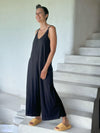 caraucci black cotton one-piece wide leg jumper with adjustable ruching #color_black