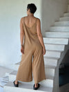 caraucci camel colored cotton one-piece wide leg jumper with adjustable ruching #color_camel