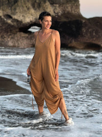  caraucci camel colored cotton one-piece wide leg jumper with adjustable ruching #color_camel