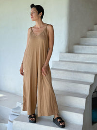 caraucci camel colored cotton one-piece wide leg jumper with adjustable ruching #color_camel