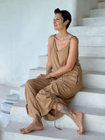 caraucci camel colored cotton one-piece wide leg jumper with adjustable ruching #color_camel