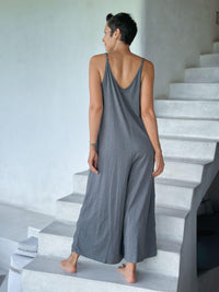 caraucci grey cotton one-piece wide leg jumper with adjustable ruching #color_carbon