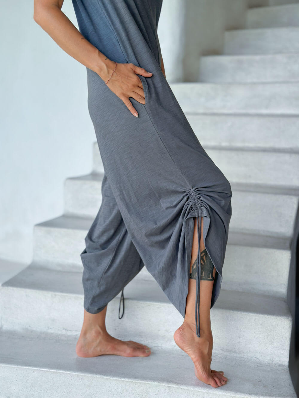 caraucci grey cotton one-piece wide leg jumper with adjustable ruching #color_carbon