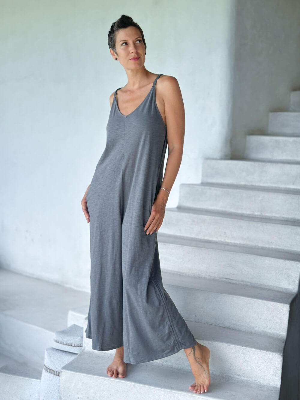 caraucci grey cotton one-piece wide leg jumper with adjustable ruching #color_carbon