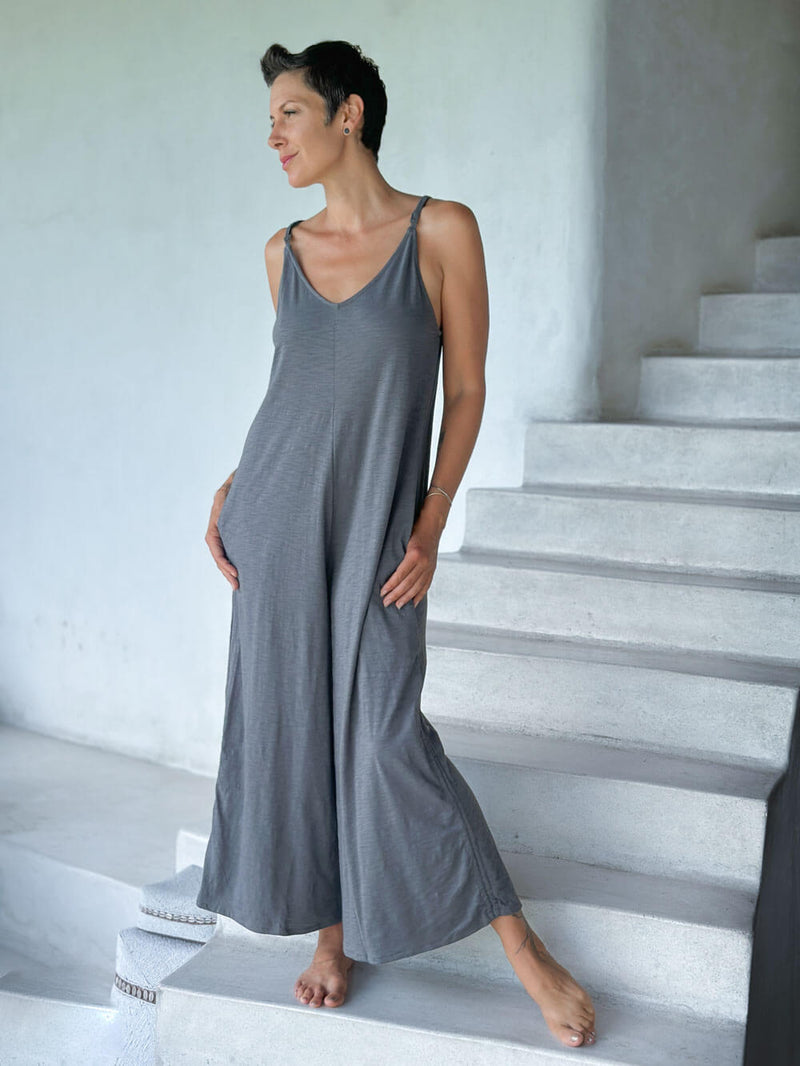 caraucci grey cotton one-piece wide leg jumper with adjustable ruching #color_carbon
