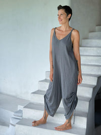 caraucci grey cotton one-piece wide leg jumper with adjustable ruching #color_carbon