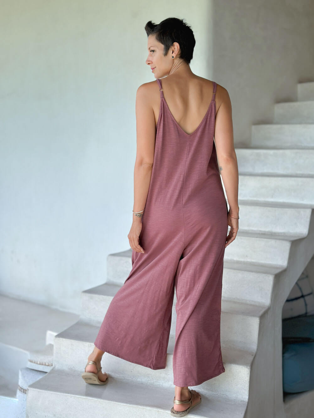 caraucci dusty rose cotton one-piece wide leg jumper with adjustable ruching #color_mangosteen