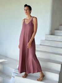 caraucci dusty rose cotton one-piece wide leg jumper with adjustable ruching #color_mangosteen