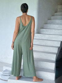 caraucci sage green cotton one-piece wide leg jumper with adjustable ruching #color_matcha