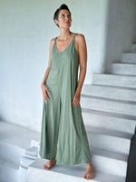 caraucci sage green cotton one-piece wide leg jumper with adjustable ruching #color_matcha