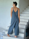 caraucci blue cotton one-piece wide leg jumper with adjustable ruching #color_pacific