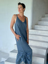 caraucci blue cotton one-piece wide leg jumper with adjustable ruching #color_pacific