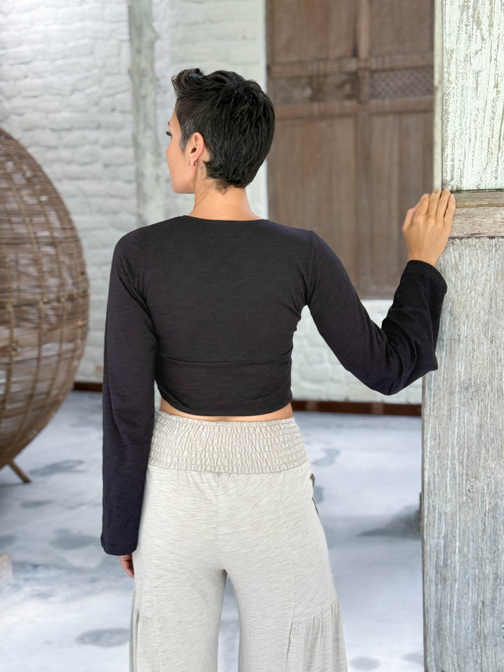 caraucci cotton jersey black long sleeve wrap ballet shrug #color_black