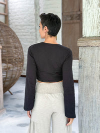 caraucci cotton jersey black long sleeve wrap ballet shrug #color_black