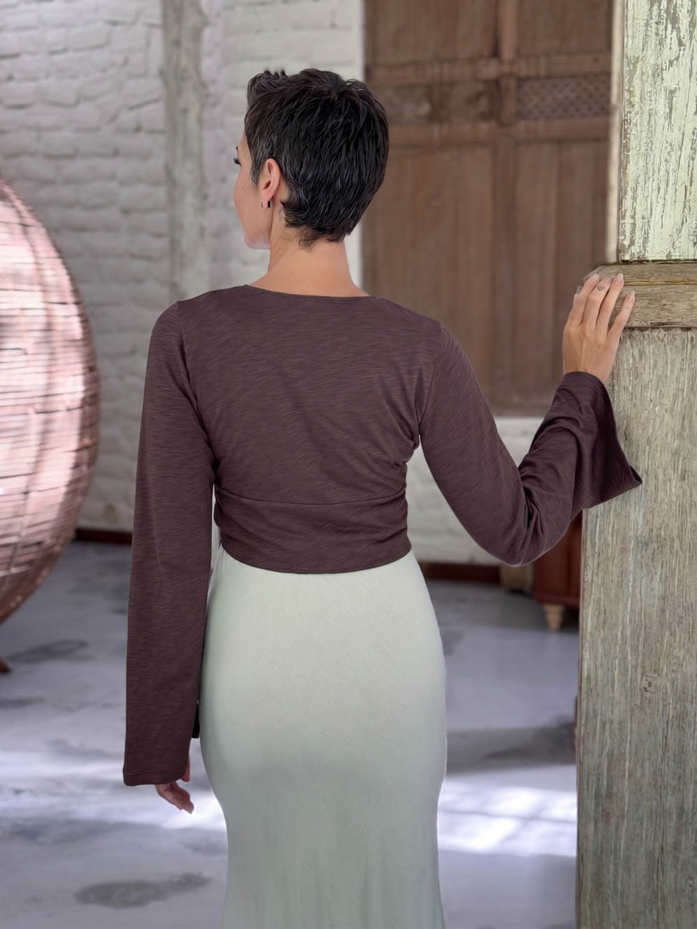 caraucci cotton jersey brown long sleeve wrap ballet shrug #color_cocoa