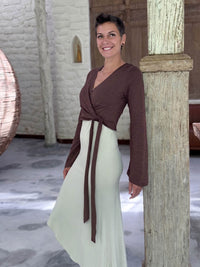 caraucci cotton jersey brown long sleeve wrap ballet shrug #color_cocoa