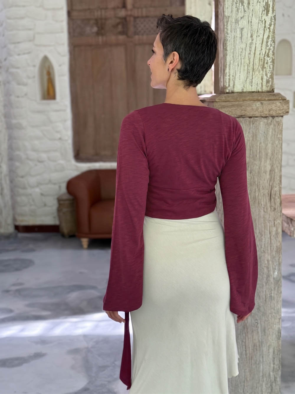 caraucci cotton jersey crimson red long sleeve wrap ballet shrug #color_crimson