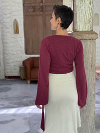 caraucci cotton jersey crimson red long sleeve wrap ballet shrug #color_crimson