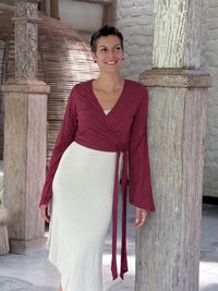 caraucci cotton jersey crimson red long sleeve wrap ballet shrug #color_crimson