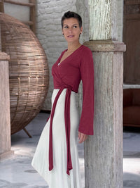 caraucci cotton jersey crimson red long sleeve wrap ballet shrug #color_crimson