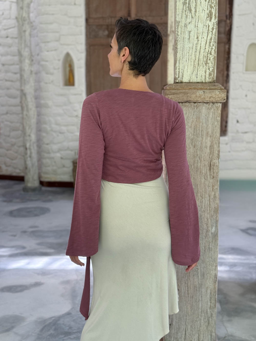 caraucci cotton jersey soft mauve long sleeve wrap ballet shrug #color_mangosteen