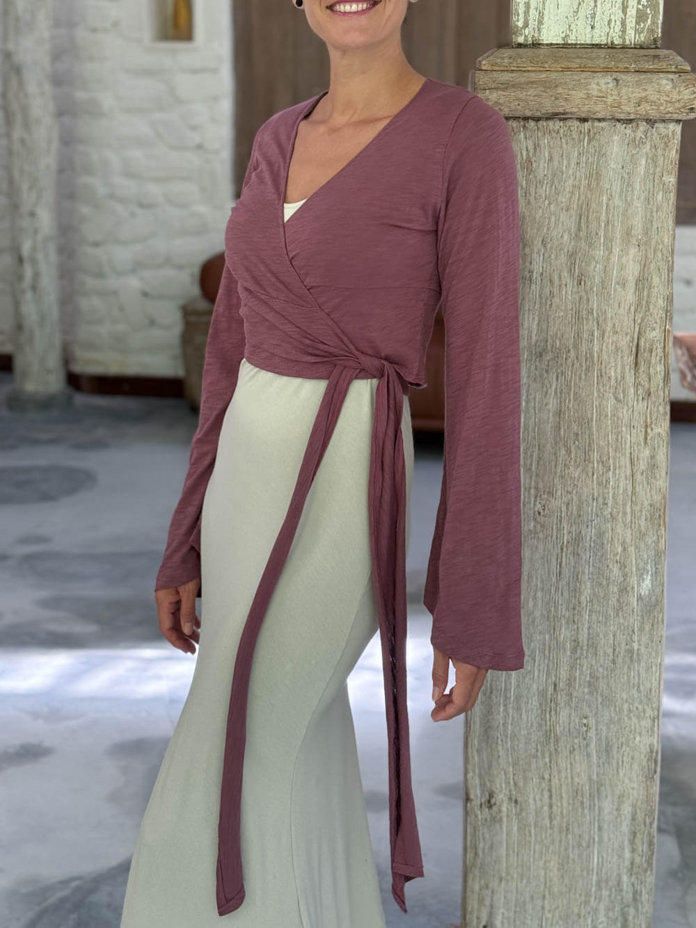 caraucci cotton jersey soft mauve long sleeve wrap ballet shrug #color_mangosteen