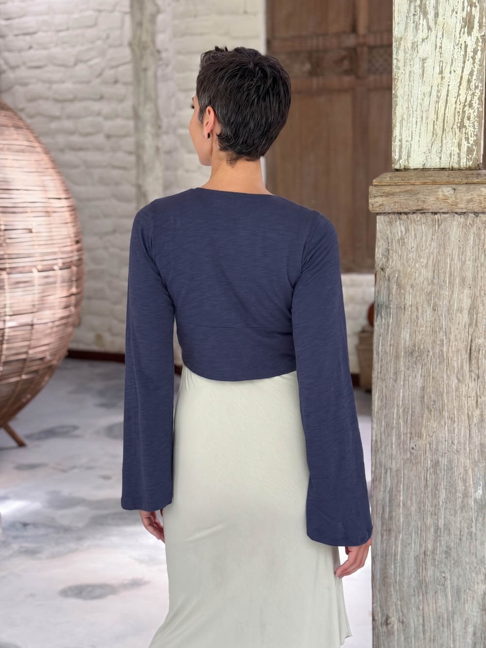caraucci cotton jersey midnight blue long sleeve wrap ballet shrug #color_midnight