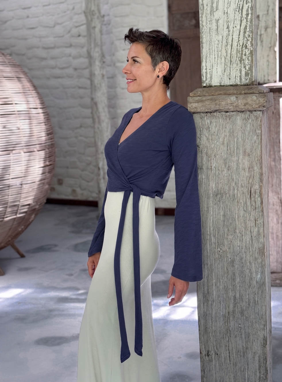caraucci cotton jersey midnight blue long sleeve wrap ballet shrug #color_midnight