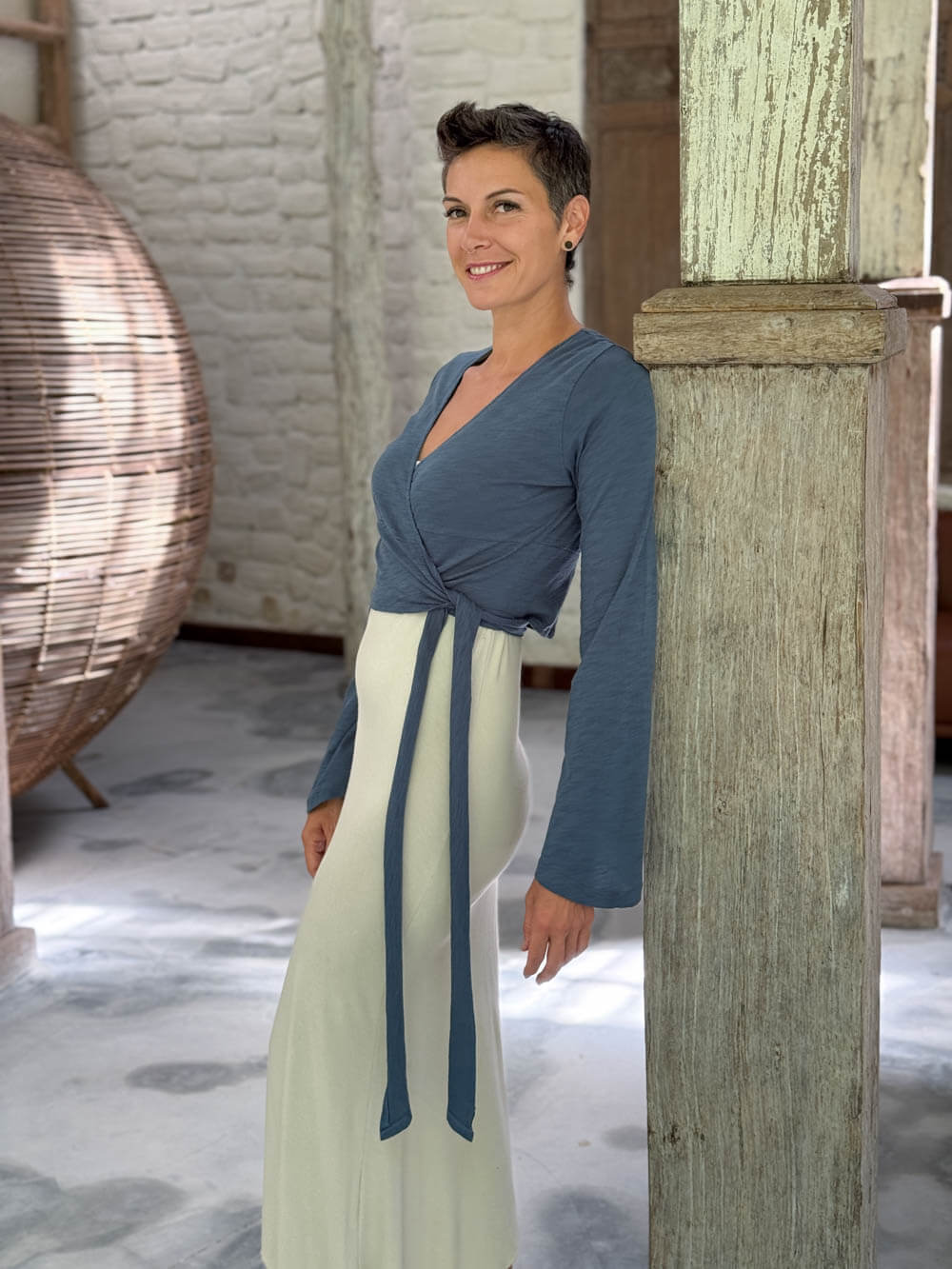 caraucci cotton jersey soft denim blue long sleeve wrap ballet shrug #color_pacific