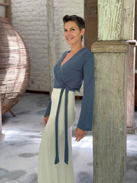 caraucci cotton jersey soft denim blue long sleeve wrap ballet shrug #color_pacific