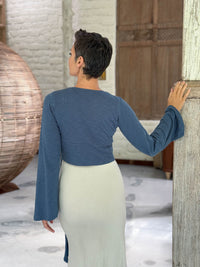 caraucci cotton jersey soft denim blue long sleeve wrap ballet shrug #color_pacific