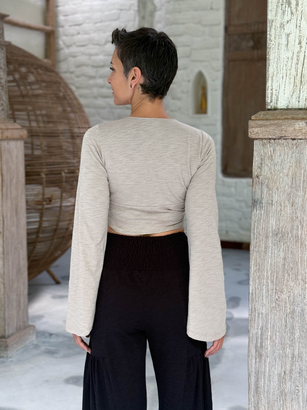 caraucci cotton jersey soft taupe long sleeve wrap ballet shrug #color_sahara