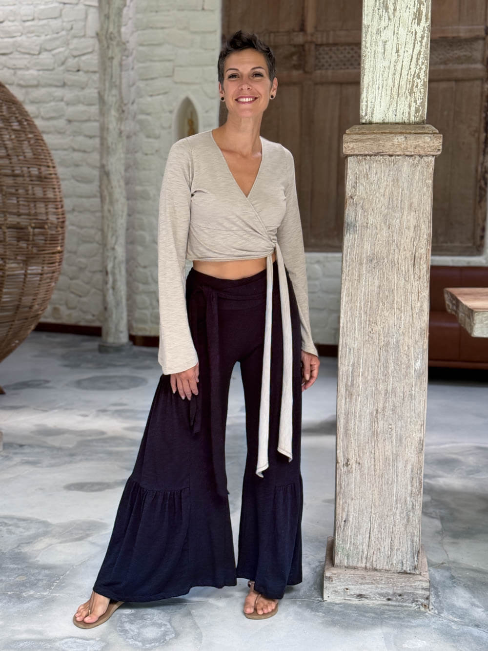 caraucci cotton jersey soft taupe long sleeve wrap ballet shrug #color_sahara