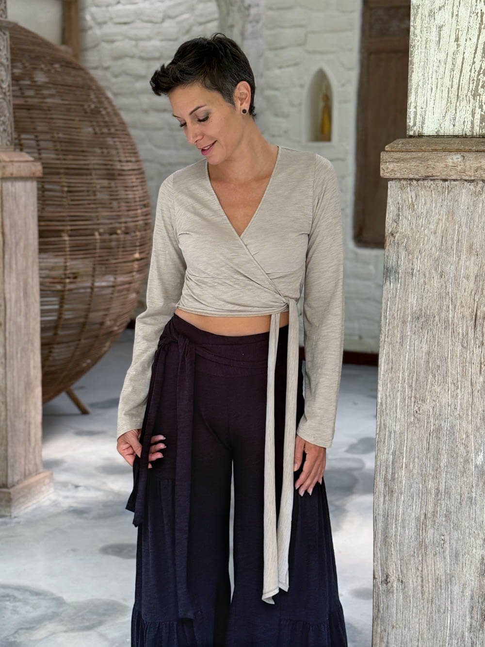 caraucci cotton jersey soft taupe long sleeve wrap ballet shrug #color_sahara