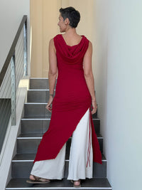 caraucci women's red full length tunic with adjustable side ruching and a loose cowl neck that can be worn as a hood or over the shoulders #color_red