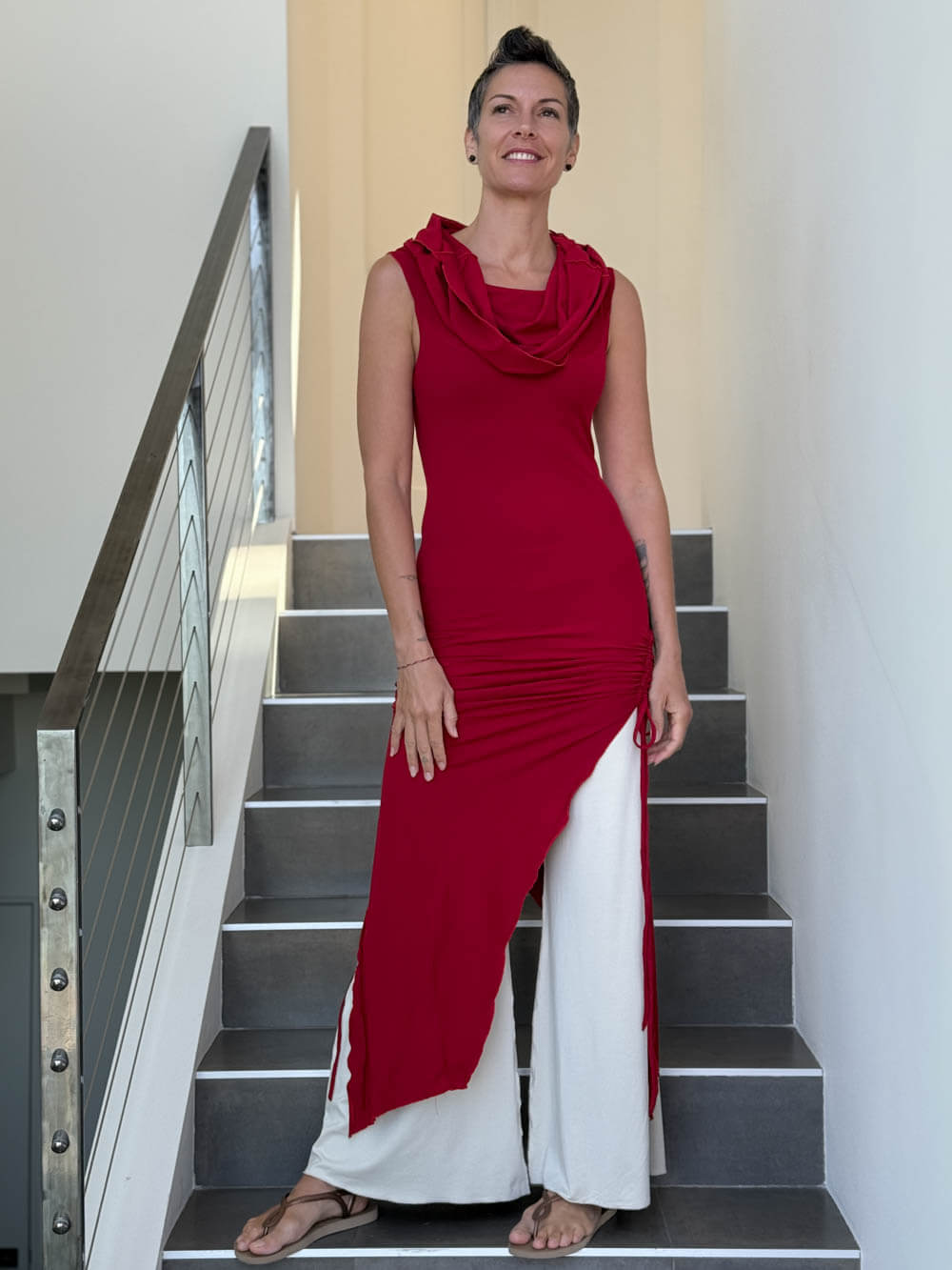 caraucci women's red full length tunic with adjustable side ruching and a loose cowl neck that can be worn as a hood or over the shoulders #color_red