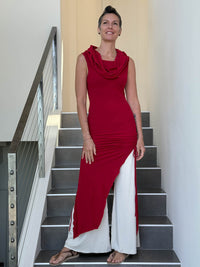 caraucci women's red full length tunic with adjustable side ruching and a loose cowl neck that can be worn as a hood or over the shoulders #color_red