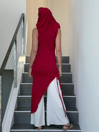 caraucci women's red full length tunic with adjustable side ruching and a loose cowl neck that can be worn as a hood or over the shoulders #color_red