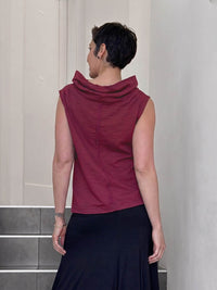 Back view of CARAUCCI Cotton Cowl Neck Tank in crimson maroon with draped neckline and center seam detail #color_crimson