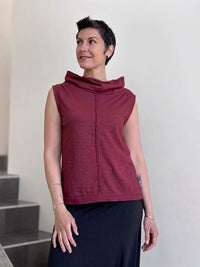 Front view of CARAUCCI Cotton Cowl Neck Tank in crimson maroon with draped neckline, center seam detail and black skirt. #color_crimson