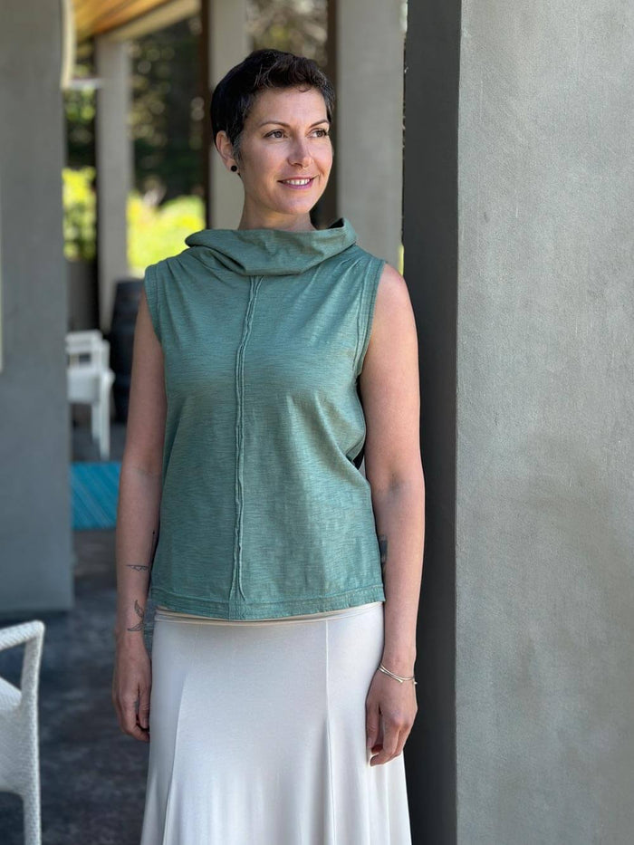 caraucci cotton sage green cowl neck tank top #color_matcha