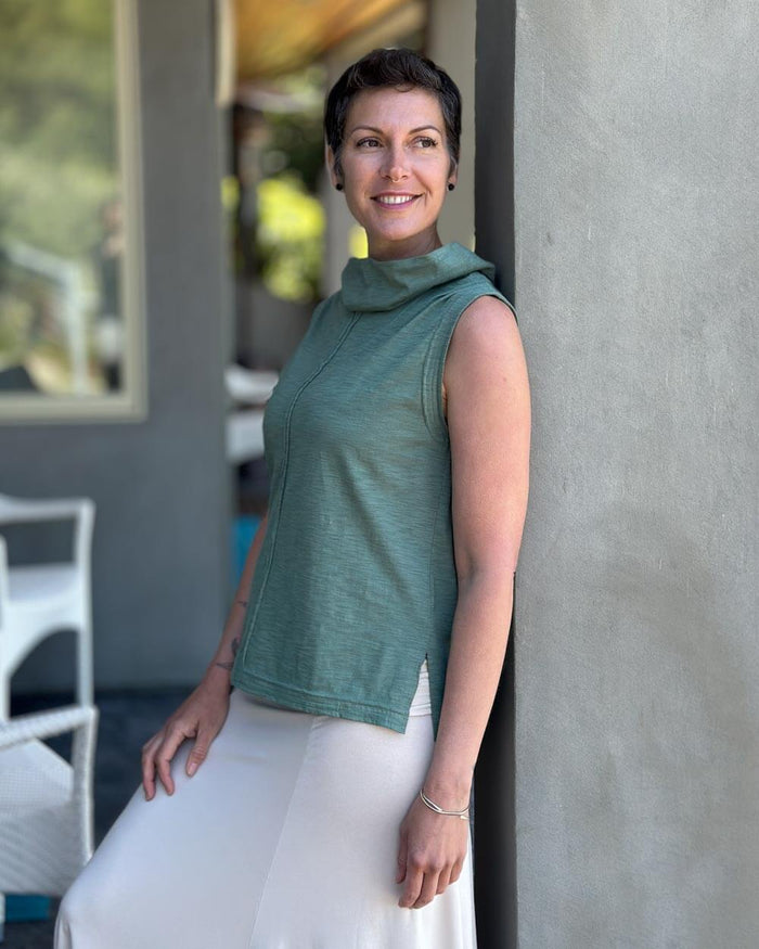 caraucci cotton sage green cowl neck tank top #color_matcha