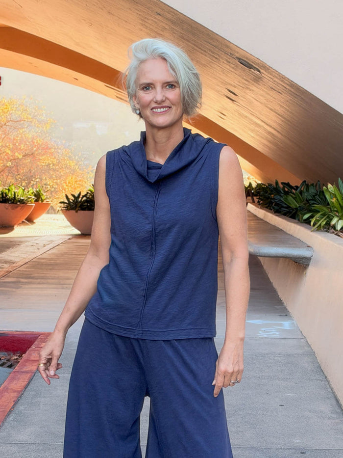 CARAUCCI Cotton Cowl Neck Tank in denim navy blue with draped neckline, center seam detail. #color_midnight