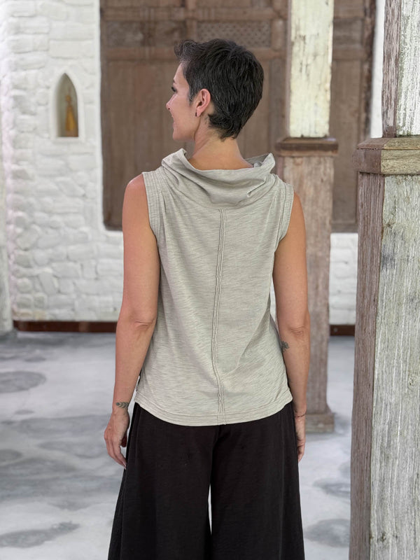 caraucci cotton soft muted stone cowl neck tank top with raised stitch details #color_sahara
