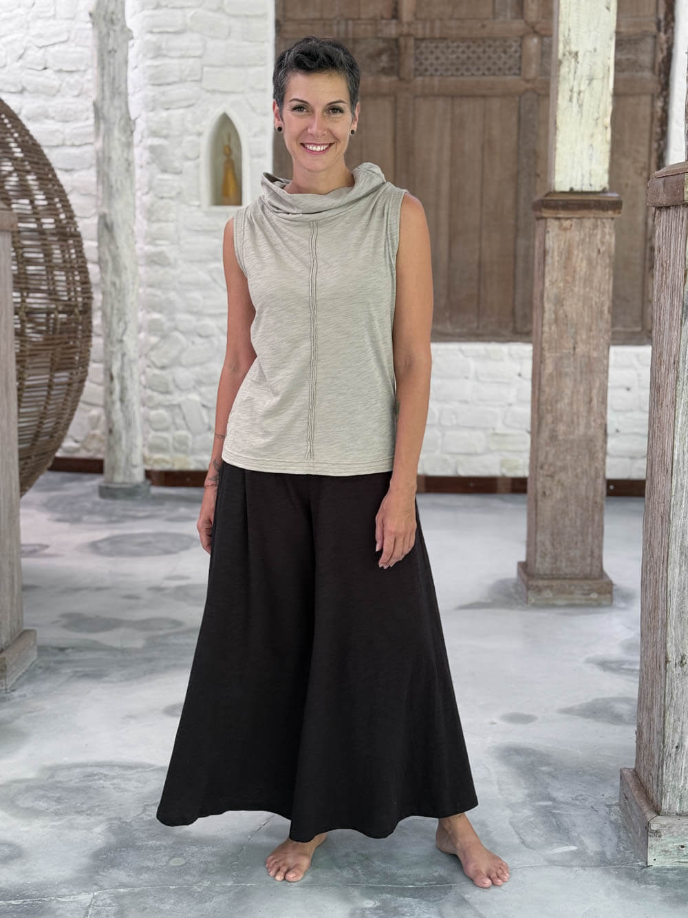 caraucci cotton soft muted stone cowl neck tank top with raised stitch details #color_sahara